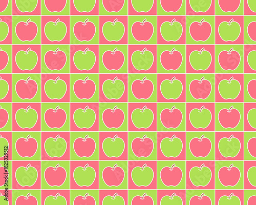 青森りんごのシルエットの幾何学模様シームレスパターン   レトロポップな赤と緑のアップルタイル背景