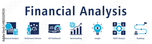 Financial analysis web banner icon vector illustration concept with icon of financial analysis, performance review, KPI dashboard, benchmarking, insight, SWOT analysis, and roadmap.