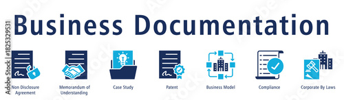 Business documentation web banner icon vector illustration concept with icon of non disclosure agreement, memorandum of understanding, case study, patent, business model, and compliance.