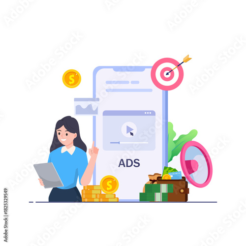 concept of Pay per click, PPC, paid advertising campaign displays ads on websites that generate revenue for publishers, Advertising or advertising, Promoting a brand to an audience, internet.