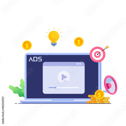concept of Pay per click, PPC, paid advertising campaign displays ads on websites that generate revenue for publishers, Advertising or advertising, Promoting a brand to an audience, internet.