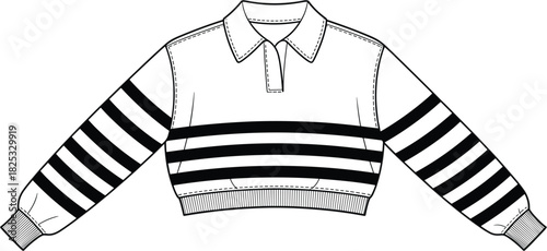 Crop top fashion sketch, striped sleeves, garment illustration, clothing template, vector graphic, minimal, modern, stylish, black, art