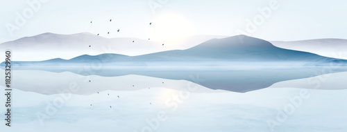 Cool landscape art background with mountains and hills, a lake, and birds in a minimalist watercolor style. A natural banner for decor, prints, wallpaper, textiles, posters, and other designs.