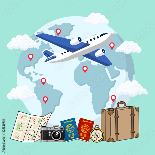 world travel vacation tour traveling and direction guidance travel stuff vector template illustration