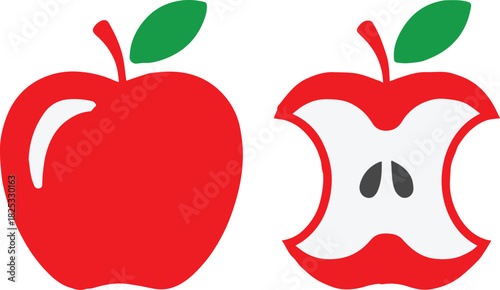 apple icon set with whole fruit and core simple vector silhouette