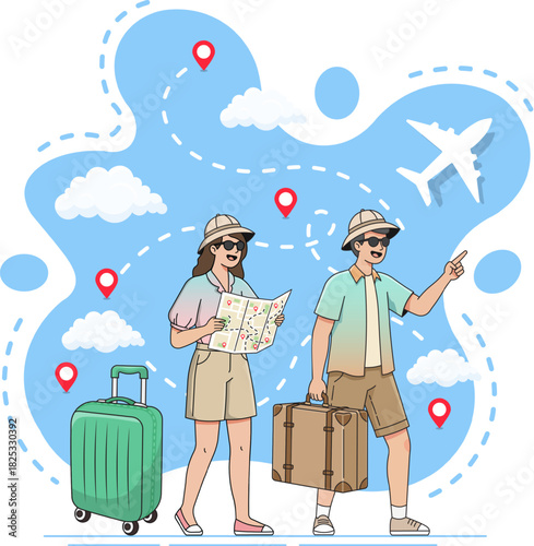 couple tourist traveler journey around the world holiday vacation traveling destination vector template illustration