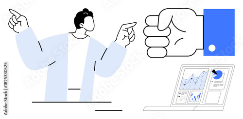 Person gesturing emphasis, wristwatch symbolizing time, laptop displaying analytics and charts. Ideal for productivity, strategy, management, planning, efficiency, decision-making simple flat