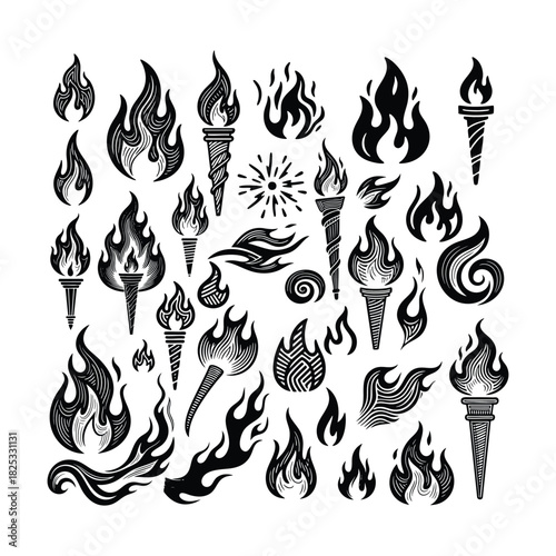 Vintage engraving illustration set of fire and light sources, featuring various stylized flames