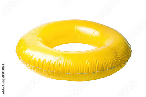 A yellow inflatable inner tube designed for water activities. resting on a clean white background. ideal for summer fun at pools. lakes. or beaches. perfect for promotional or stock imagery