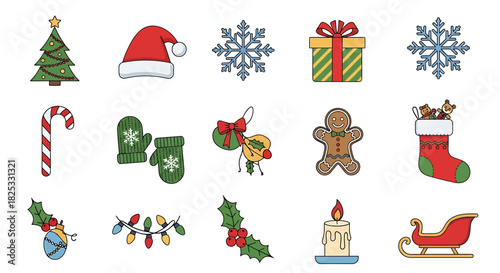 Delightful Christmas icons to spread holiday cheer, featuring vibrant gifts, trees, snowflakes, and ornaments for your festive designs and merry projects