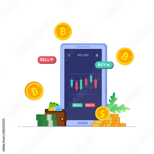 Cryptocurrency trading and growing concept flat illustration vector template, Bitcoin rising, Stock exchange scene with computer, Crypto investment strategy