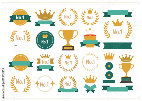 award frame set ranking showcasing ribbon ornaments, crown emblems, trophy awards, medal designs, laurel decorations, and gold medal textures, perfect for winner announcements, certificates