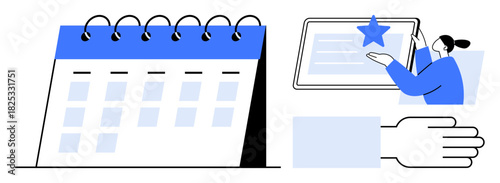 Open calendar with coiled binding beside a hand and user pointing to a starred task on a tablet. Ideal for scheduling, task management, productivity, time management, organization, prioritization