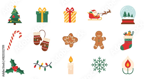 Delightful Christmas icons to spread holiday cheer, featuring vibrant gifts, trees, snowflakes, and ornaments for your festive designs and merry projects