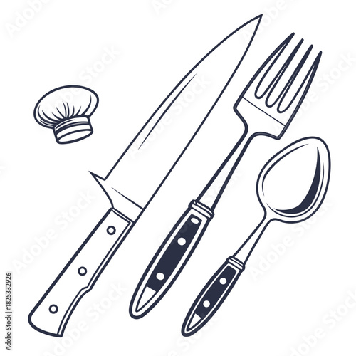 A stylized line art illustration featuring a chef s hat a large chef s knife a fork and a spoon representing culinary tools and the art of cooking