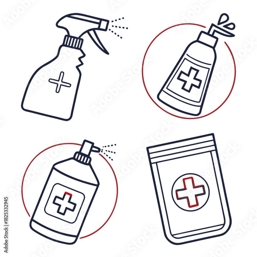 Collection of hand drawn line art icons representing hygiene and sanitation products including a spray bottle hand sanitizer and antiseptic wipes with a medical cross symbol