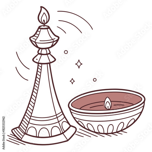 Traditional indian diya oil lamp and a decorative clay diya with a flickering flame and glowing embers creating a festive and spiritual atmosphere