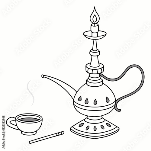A traditional arabic dallah coffee pot with a lit candle on top a steaming cup of coffee and a cigarette on a white background line art illustration