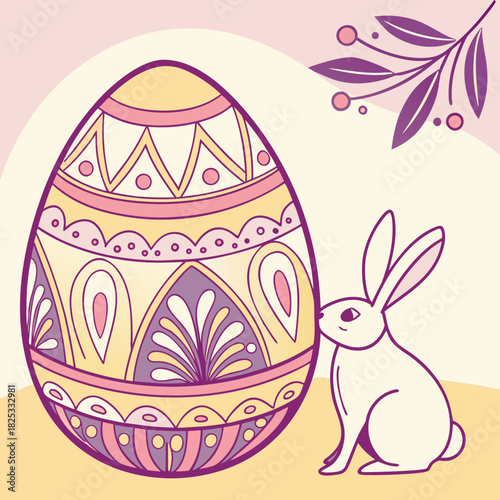 A charming illustration of a white bunny rabbit curiously sniffing a large vibrantly decorated easter egg with intricate floral and geometric patterns in pastel purple yellow and pink