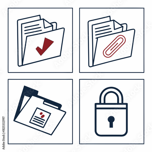 Set of four simple line art icons representing document management including a folder with a checkmark a folder with a paperclip a tilted folder with a document and a padlock for security