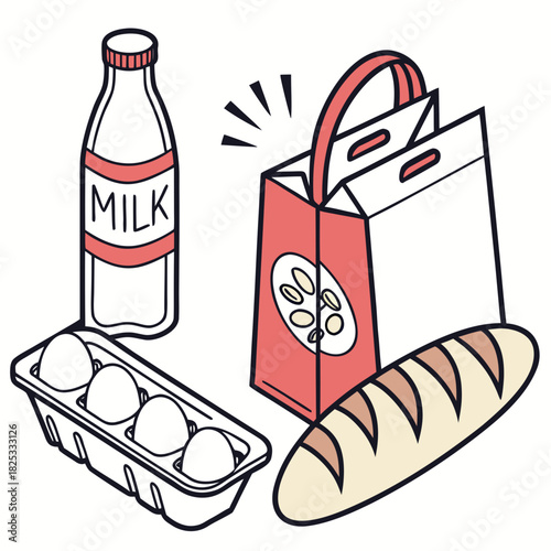 A simple isometric illustration featuring a glass bottle of milk a carton of four eggs a loaf of bread and a shopping bag with a symbol on it representing groceries and food items