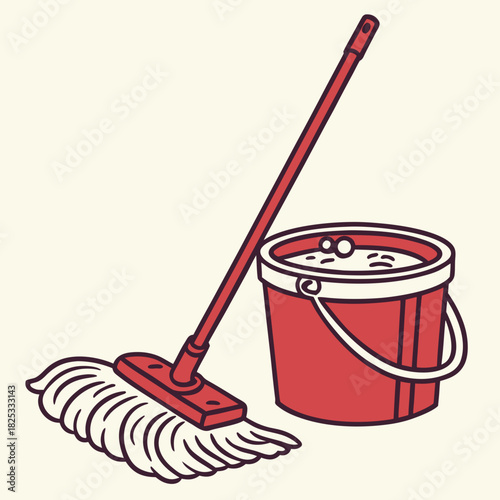 A red mop and bucket filled with soapy water representing cleaning and household chores presented in a simple flat design style with a cream background