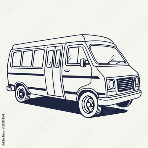 A simple line art illustration of a classic passenger van with its doors open showcasing its interior space and ready for travel