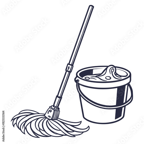 A simple line art illustration of a mop and bucket filled with soapy water representing cleaning and household chores
