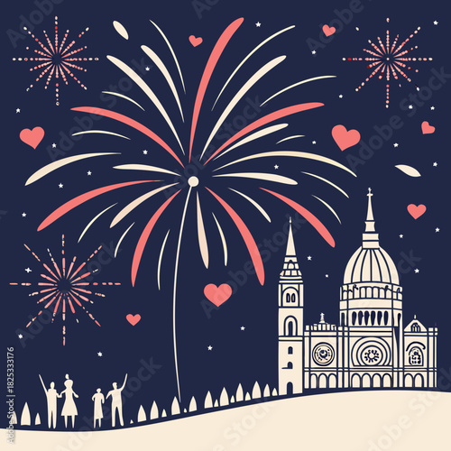 A festive celebration with fireworks display above a silhouette of a grand building and people watching the spectacle under a starry night sky