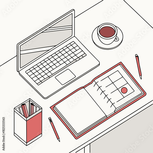 Isometric view of a clean desk with an open laptop a cup of coffee a planner with a red circle and a pen holder with pencils