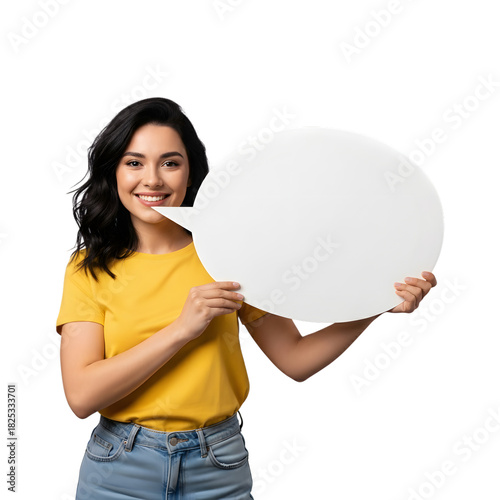 Smiling young woman holding a blank speech bubble, isolated on transparent background