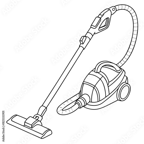 A simple black and white line drawing illustration of a modern canister vacuum cleaner with a long wand and floor head detached from the main body
