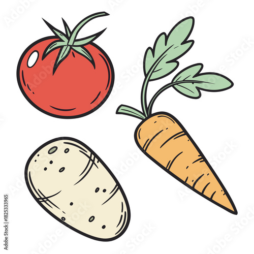 A vibrant and simple cartoon illustration featuring a ripe red tomato a fresh orange carrot with green leaves and a light colored potato with eyes on a clean white background