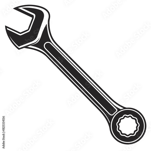 A black and white illustration of a combination wrench tool with an open end and a box end on a white background