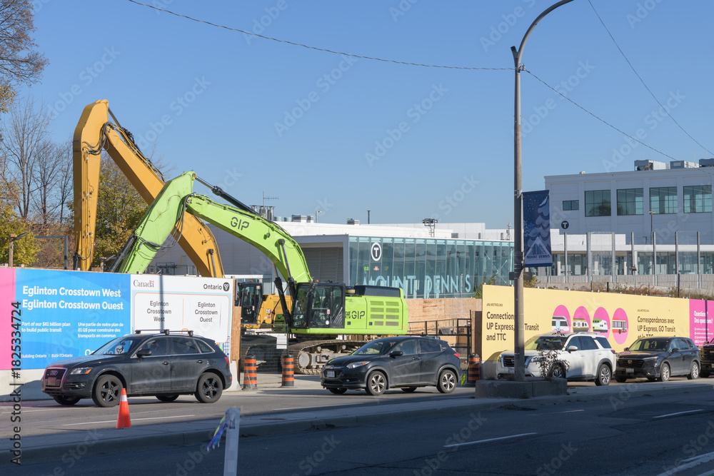 Naklejka premium active construction of Eglinton Crosstown West (extension) outside Mount Dennis LRT station at the northeast corner of Eglinton Av W and Weston Rd, Toronto