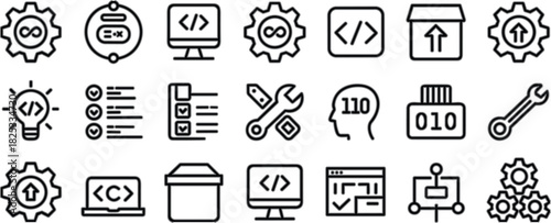 Software development icon set, coding symbols, DevOps tools, programming elements, vector graphic, minimal, black, modern, tech, art