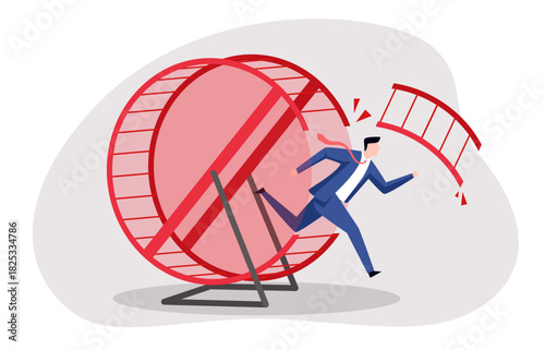 A businessman seemingly escaping a hamster wheel. It speaks to the struggle of finding meaningful work and escaping a system that traps individuals in unfulfilling routines.