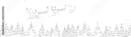 Santa Claus flying in his sleigh pulled by reindeer over a forest.