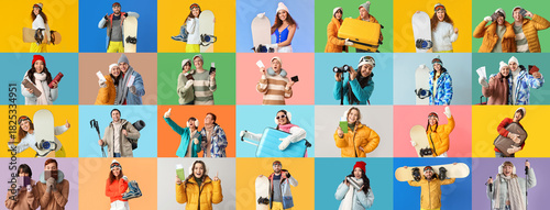 Collage of tourists in wint...