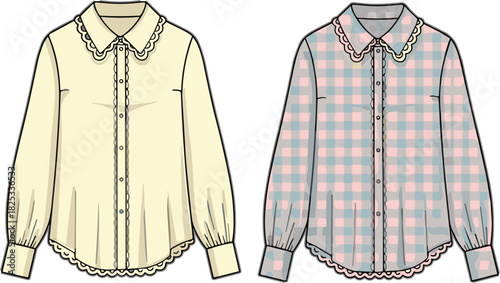 Blouse design comparison, scalloped collar, button-down style, fashion illustration, garment template, vector graphic, pastel, elegant, stylish, art