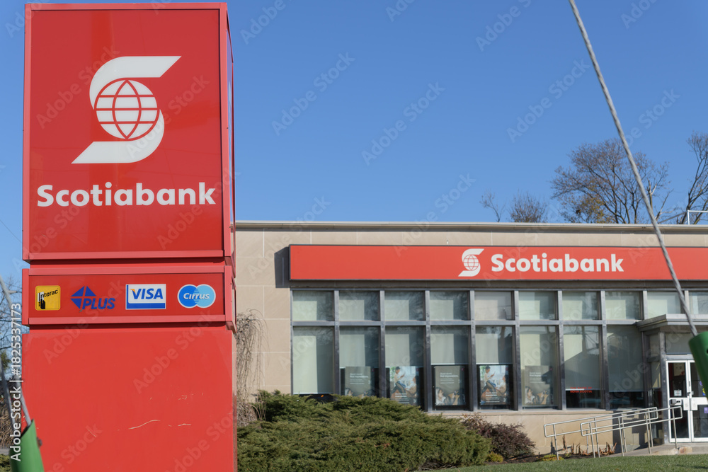 Obraz premium exterior location marker and building facade with sign of Scotiabank branch location at 1151 Weston Rd, Toronto