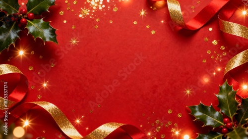 christmas background with red balls and golden ribbon