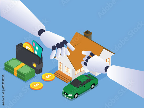 AI Financial Advisor and Robot Investment 3d isometric vector illustration