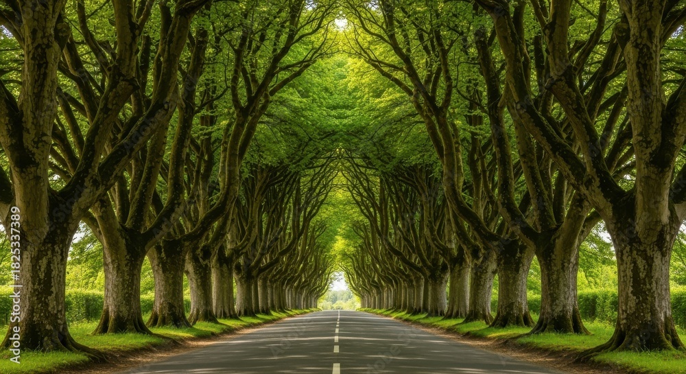Naklejka premium A long, straight road disappearing into the distance, flanked by a symmetrical, dense canopy of lush green trees forming a natural tunnel or avenue in the countryside during summer