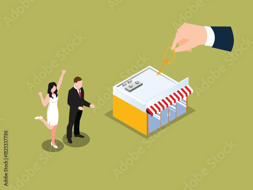 Business Startup, Store Grand Opening, and Franchise Acquisition 3d isometric vector illustration