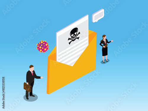 Email Phishing, Cyber Security, and Ransomware Threat. Two Business People Near a Malicious Message 3d isometric vector illustration