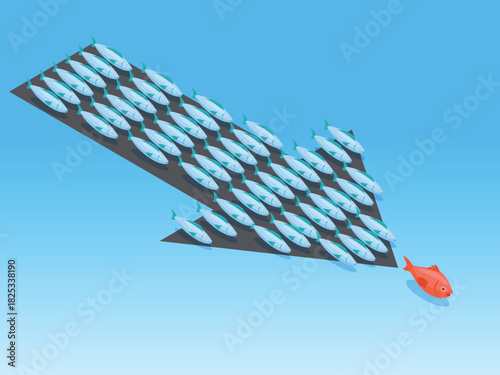 Leadership and Direction. Single Red Fish Leading a Large School of Blue Fish in an Arrow Formation 3d isometric vector illustration