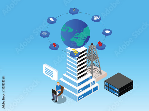 Global Network and Data Server Infrastructure Connecting the World 3d isometric vector illustration