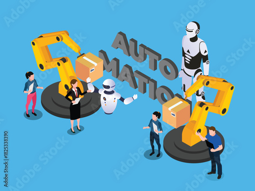 Automation and Robotics in Logistics, Warehousing, and Supply Chain Management 3d isometric vector illustration