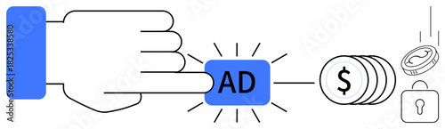 Human hand interacting with ad button, indicating monetization, coins and dollar icons symbolizing revenue, and lock representing secure transactions. Ideal for advertising, marketing, revenue